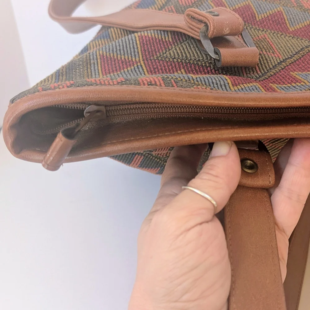 Vintage Tote Bag Southwestern Tapestry Leather Trim Aztec Pattern Boho Style